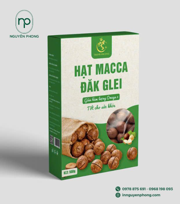 in hộp giấy có bóng kính đẹp mắt cho sản phẩm macca